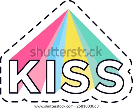 Kiss lettering with colorful light beams forming a triangle shape, a vibrant and playful design for romantic projects or pride events, perfect for adding a touch of love and celebration