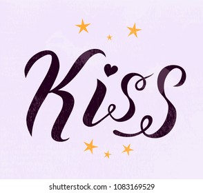 Kiss lettering text on light violet background with stars. Romantic love print. Handmade brush calligraphy vector illustration. Kiss me vector design for poster, logo,card, banner, postcard and print.
