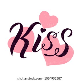 Kiss lettering text on white background with pink hearts. Romantic love print. Handmade brush calligraphy vector illustration. Kiss me vector design for poster, logo, card, banner, postcard and print.