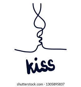 Kiss line illustration hand drawn minimalism style with lettering dark blue color