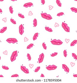 Kiss lips with heart seamless pattern. Vector illustration isolated on white background.