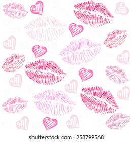 Kiss, lips, hearts vector pattern background 