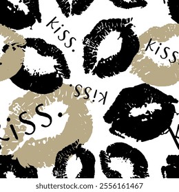 Kiss, lips, lipstick pattern. Vector grunge texture. Watercolor and text element for design. Print for textiles, packaging, cover. Women's love. Girl. Black on white background. Modern fashion EPS 10