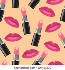 Kiss lips and pink lipstick fashion vector seamless pattern 