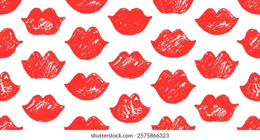 Kiss lipstick pattern. Lips background, seamless vector print with red lips. Girl mouth pattern with red makeup. Valentine day love wallpaper. Woman kiss, lipstick mark bg. Female crayon brush pattern