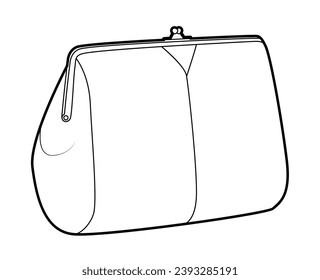 Bolsa de silueta del embrague del bolso de la cerradura del beso. Ilustración técnica de accesorios de moda. Vista frontal del vector 3-4 para hombres, mujeres, estilo unisex, bolso plano de simulación CAD esquema aislado