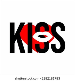 Diseño del logo de Kiss. Ilustración del beso de palabras con el símbolo del corazón y los labios.