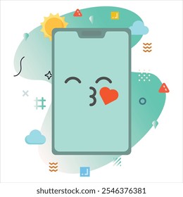 Kiss Love Emoji on a Smartphone Screen: Modern Illustration Design with a Creative Touch of Colorful Geometric Elements | Kiss Love Emoji Icon Design on Smartphone Screen