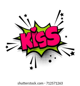 Kiss, love, heart, romantic lettering. Comics book balloon. Bubble icon speech phrase. Cartoon font label tag expression. Comic text sound effects. Sounds vector illustration.