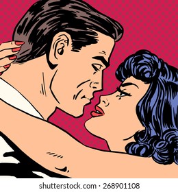 Kiss Love Movie Romance Heroes Lovers Man And Woman Pop Art Comics Retro Style Halftone. Imitation Of Old Illustrations. Actors During Love Scenes.