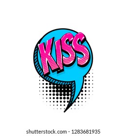 Kiss, love xoxo valentines day comic text speech bubble. Colored pop art style sound effect phrase. Halftone vector illustration banner. Vintage comics book poster.