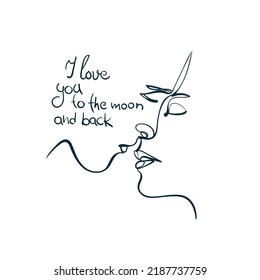 kiss I love you to the moon and back 
 vector concept saying lettering hand drawn shirt quote line art simple monochrome