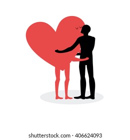 Kiss of lovers. Man hugs heart. Hot kiss on a date. In love with love. Romantic illustration for valentines day
