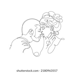 Beso de amantes en una línea. Ilustración del vector