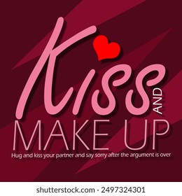 Kiss and Make Up Day event banner. Inspirational texts with hearts and sentences on dark red background to celebrate on August 25th