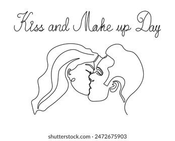 Kiss and Make up Day.couple of lovers, woman and man, love for each other, kiss. continuous single line art drawing sketch, logo