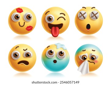 Kiss mark emoji vector characters set. Emojis clip art character in silly, dead, dumb, mood, cold freeze and sneeze facial expression 3d icon elements. Vector illustration kiss mark emoticons 