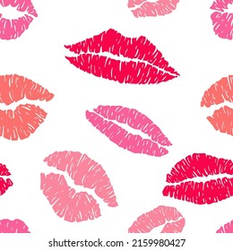 Kiss mark seamless pattern in red and pink colors. Lips prints silhouette. Stamp makeup printfrom mouth. Vector illustration.