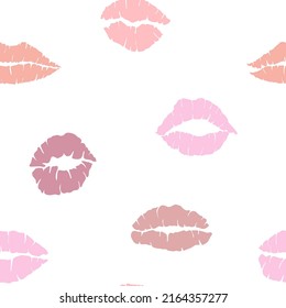 Kiss mark seamless pattern in red and pink colors. Lips prints silhouette. Stamp makeup printfrom mouth. Vector illustration.