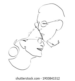 Kiss. Mature couple in love drawing with lines, quick sketch, vector fashion illustration, minimalist, vector illustration for t-shirt, print design, covers, web