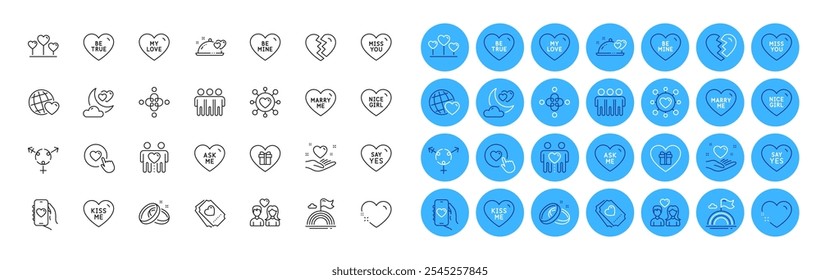 Kiss me, Be true and Hold heart line icons pack. Inclusion, Like button, Miss you web icon. Love night, Lgbt, Wedding rings pictogram. Love heart, Friendship, Romantic dinner. Vector