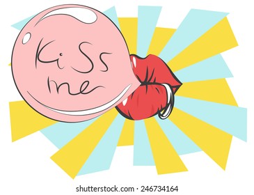 Kiss Me Cartoon Explosion. Falling In Love. Love Boom. Bubble Gum And Piercing.