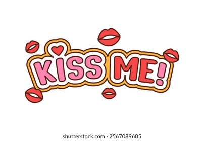 Kiss me cartoon groovy typography, valentine day text in pink and red colors with heart and scattered kiss marks. Vector playful and vibrant phrase for valentines day, love or flirty, retro fun themes