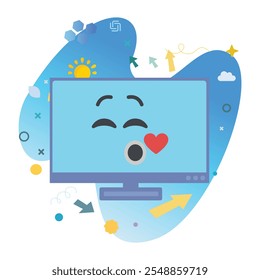 Kiss Me Computer Character on Computer Monitor Screen - Perfect Vector Illustration for Fun and Cheerful Designs | Kiss Me Icon Design on Computer Monitor Screen