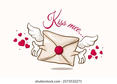 kiss me drawn, cartoon  groovy envelope character with wings valentine's day card