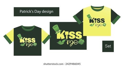 Küss mich. Emblem. Design von Damenbekleidung, T-Shirts St. Patricks Day. Dekordesign mit Kleeblatt