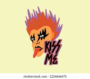 Kiss me. Flat character witth punk metal music 'Kiss me" lettering. Vector illustratiom