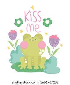 kiss me frog flowers decoration cartoon cute vector illustration