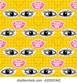 Kiss me. Funny pattern with eyes, lips and hearts. Color background with stickers, patches and pin. 