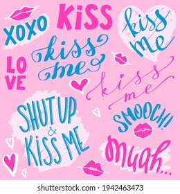 Kiss me hand drawn set. Lips, hearts and short phrases in pop art style. Vector illustration