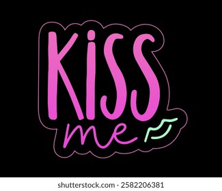 Kiss me handwritten text with lips line vector illustration. Romantic passion quote. Typography design for Valentine card, print, t shirt, sticker.