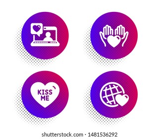Kiss me, Hold heart and Friends chat icons simple set. Halftone dots button. Friends world sign. Love sweetheart, Care love. Love set. Classic flat kiss me icon. Vector