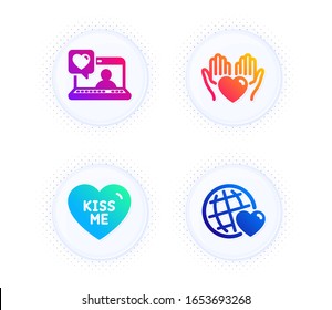 Kiss me, Hold heart and Friends chat icons simple set. Button with halftone dots. Friends world sign. Love sweetheart, Care love. Love set. Gradient flat kiss me icon. Vector