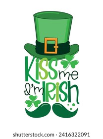 Kiss me I'm irish - funny saying for St. Patrick's Day with green hat and mustache. Good for T shirt print, poster, card, label and other gifts design.