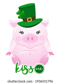 Kiss me I am Irish - funny St Patrik's Day kawaii character design with pink pig on white background. Good for posters, flyers, t-shirts, cards, invitations, stickers, banners, gifts.