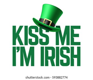 Kiss me I am Irish inscription with leprechaun hat. 17 March Saint Patrick's Day celebration party, vector illustration