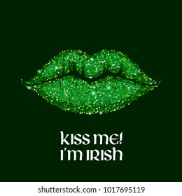 Kiss me I'm Irish message illustration. St Patrick's day design with green glitter lips.