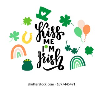 Kiss me, I am Irish quote. Gnome, shamrock cloverleaf, leprechaun hat. Happy Saint Patricks day design element. Hand lettering. Festive greeting card with shamrock cloverleaf and leprechaun. 