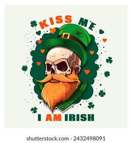 Kiss me, I'm Irish. Vintage poster with a red Irish leprechaun skull. Vector illustration