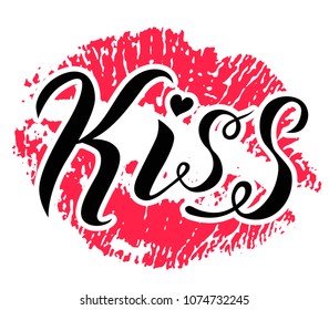 Kiss me lettering text on white background with lipstick print. Romantic print. Handmade brush calligraphy vector illustration. Kiss me vector design for poster, logo, card, banner, postcard and print