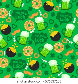 Kiss me for Luck. Happy St. Patrick's Day. Funny holiday pattern with green beer, money, donuts, clover, hearts and mustache. 