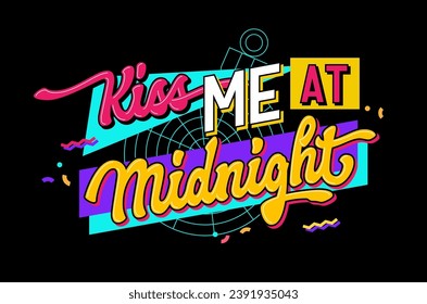 Kiss me at midnight, festive New year themed typography design. Vibrant and playful 90s-style lettering phrase. Bright neon text on geometric background with lips print in trendy leopard pattern