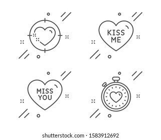 Kiss me, Miss you and Heart target line icons set. Heartbeat timer sign. Love sweetheart, Love heart. Love set. Line kiss me outline icon. Vector