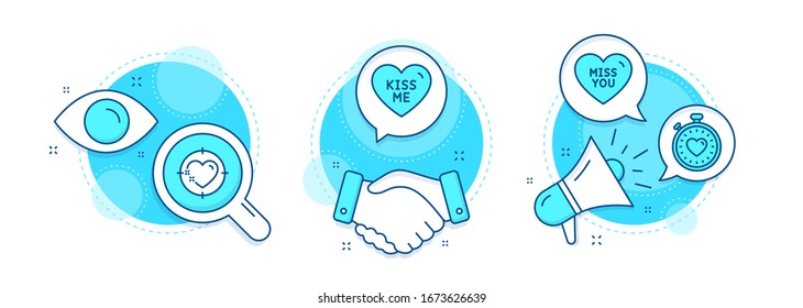 Kiss Me, Miss You And Heart Target Line Icons Set. Handshake Deal, Research And Promotion Complex Icons. Heartbeat Timer Sign. Love Sweetheart, Love Heart. Love Set. Vector