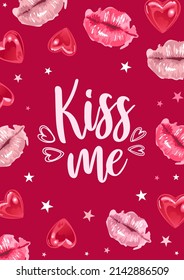 Kiss Me. Postcard for Valentines Day, World Kiss Day. Glossy lips in a watercolor style and shining a heart, a star. For postcard, gift, banner, poster, print on clothes, fabric.