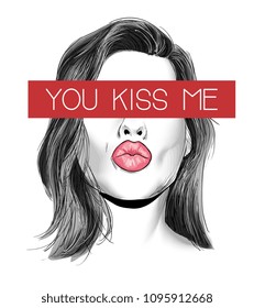 kiss me slogan with girl illustraion